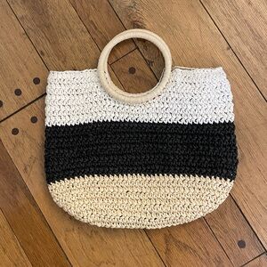 Talbots wicker striped beach bag or tote black, white, beige